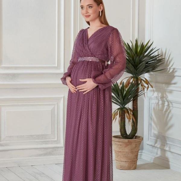 Sim Puanlı Tül Maxi Hamile Abiye-BabyShower Elbise